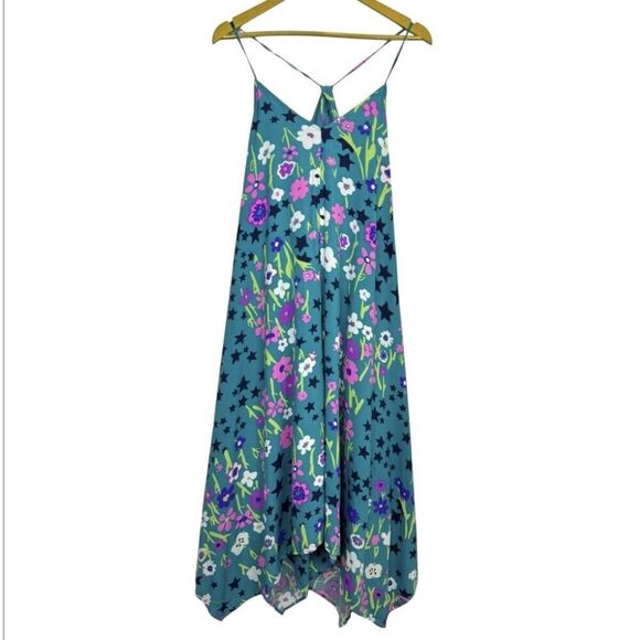 ModCloth Floral Midi Dress Small Teal Multicolor Stars Asymmetric Hem Fairy Y2K - Picture 1 of 15